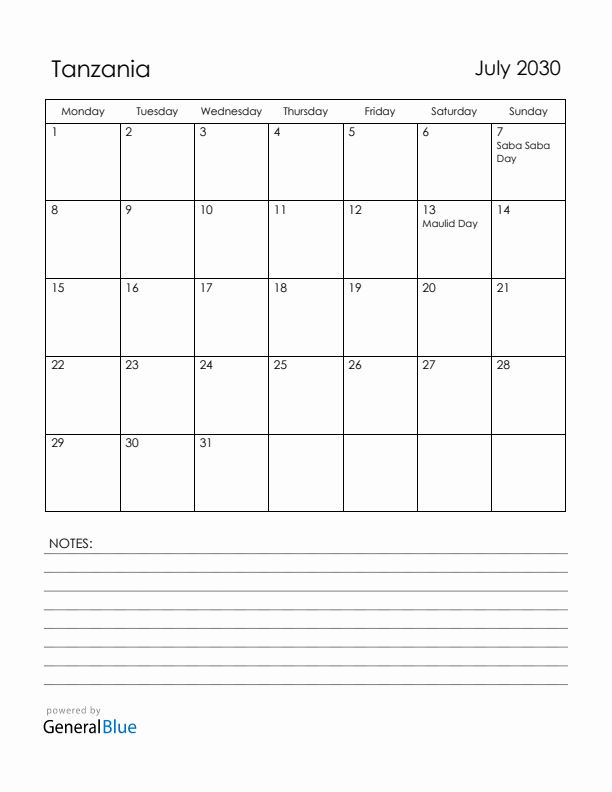 July 2030 Tanzania Calendar with Holidays (Monday Start)