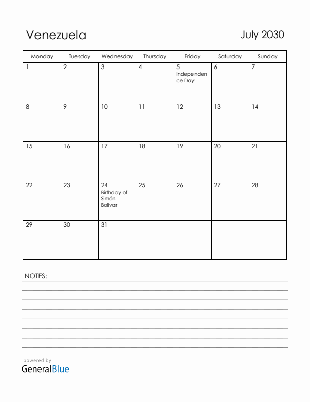 July 2030 Venezuela Calendar with Holidays (Monday Start)