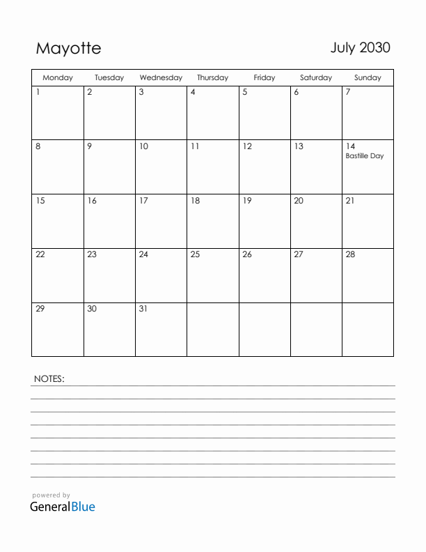 July 2030 Mayotte Calendar with Holidays (Monday Start)