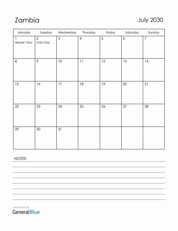 July 2030 Zambia Calendar with Holidays (Monday Start)