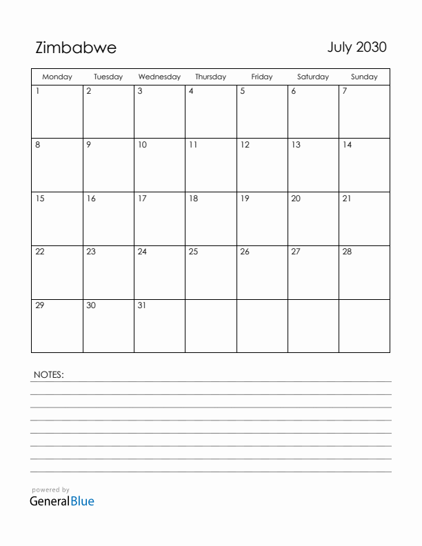 July 2030 Zimbabwe Calendar with Holidays (Monday Start)