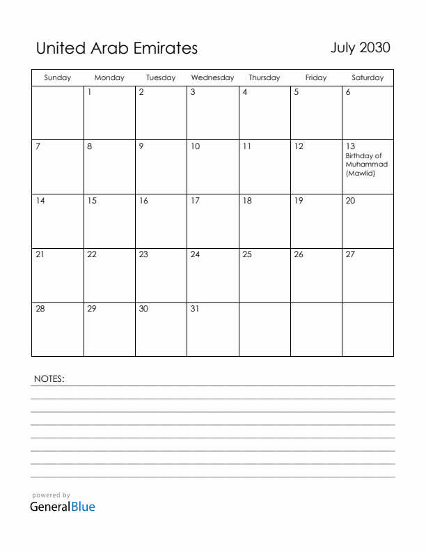 July 2030 United Arab Emirates Calendar with Holidays (Sunday Start)