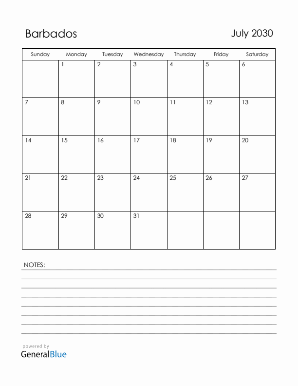 July 2030 Barbados Calendar with Holidays (Sunday Start)