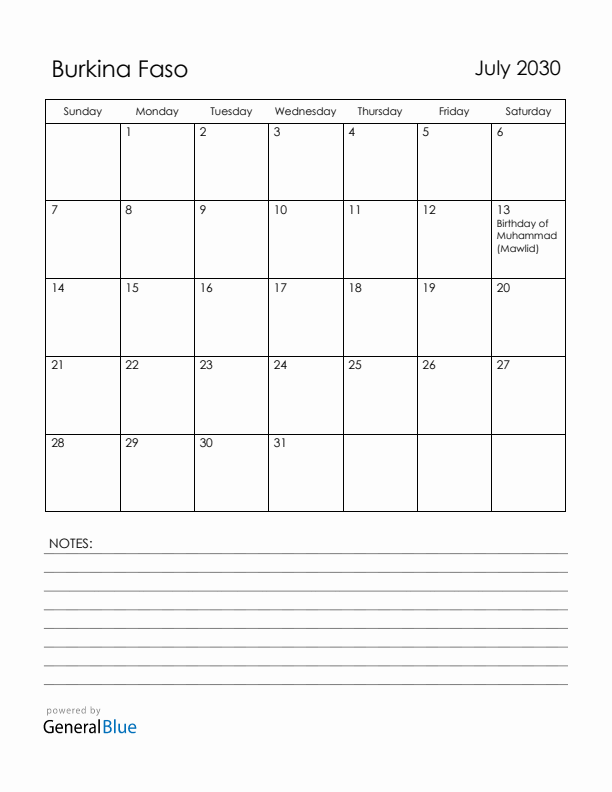 July 2030 Burkina Faso Calendar with Holidays (Sunday Start)