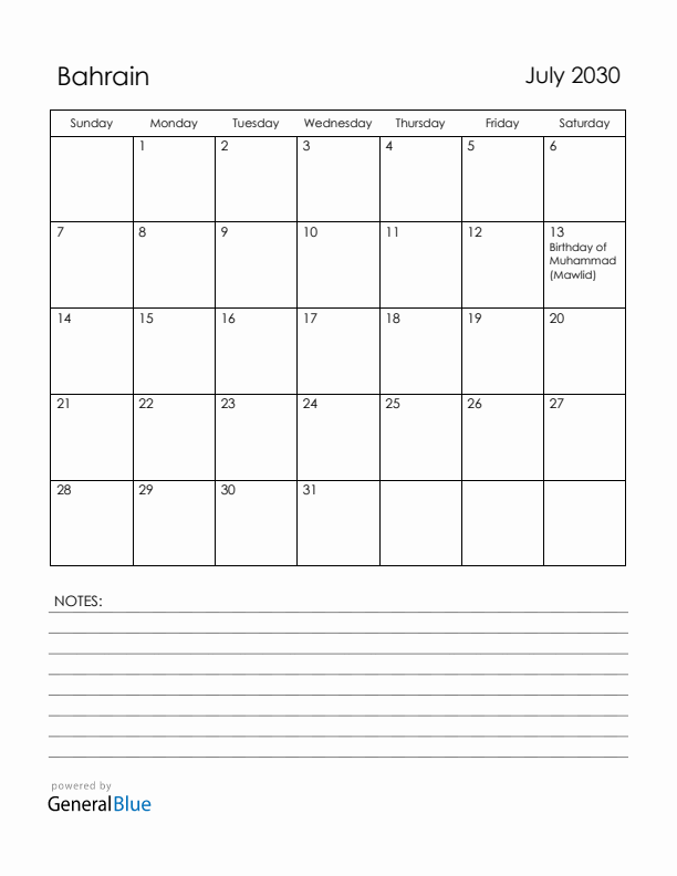 July 2030 Bahrain Calendar with Holidays (Sunday Start)