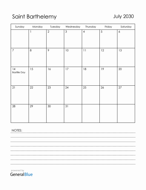July 2030 Saint Barthelemy Calendar with Holidays (Sunday Start)
