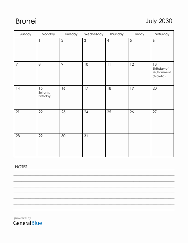July 2030 Brunei Calendar with Holidays (Sunday Start)