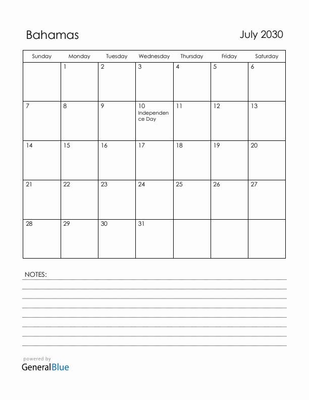 July 2030 Bahamas Calendar with Holidays (Sunday Start)
