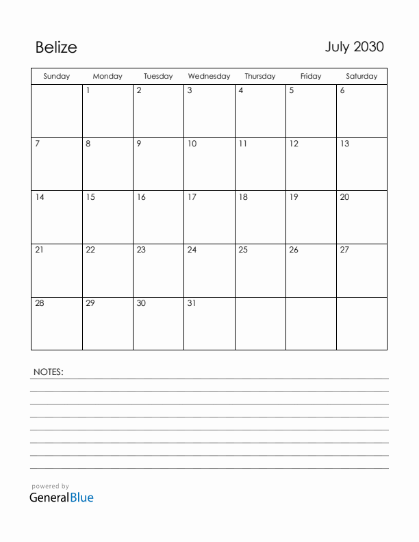 July 2030 Belize Calendar with Holidays (Sunday Start)