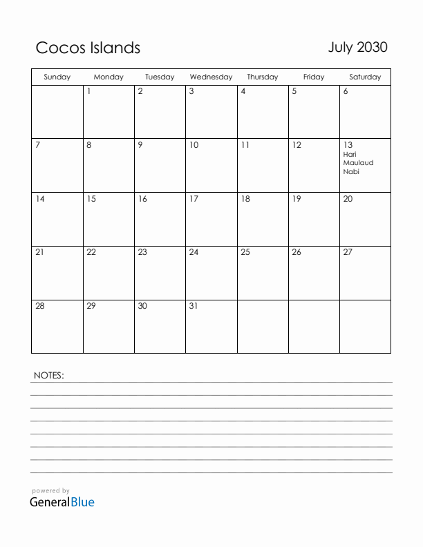 July 2030 Cocos Islands Calendar with Holidays (Sunday Start)
