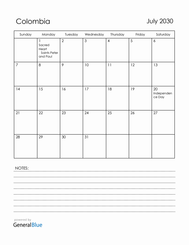 July 2030 Colombia Calendar with Holidays (Sunday Start)