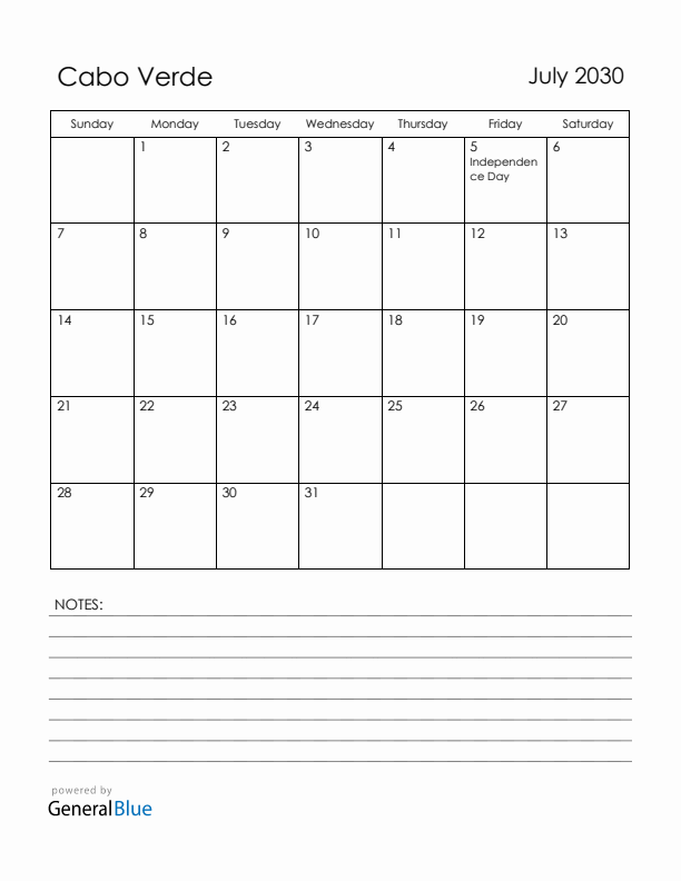 July 2030 Cabo Verde Calendar with Holidays (Sunday Start)