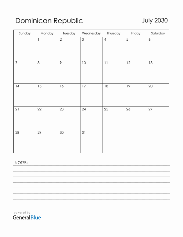 July 2030 Dominican Republic Calendar with Holidays (Sunday Start)