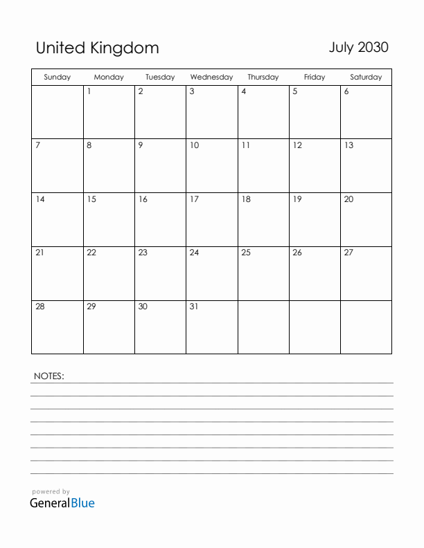 July 2030 United Kingdom Calendar with Holidays (Sunday Start)