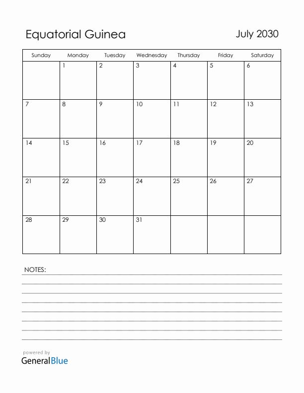 July 2030 Equatorial Guinea Calendar with Holidays (Sunday Start)