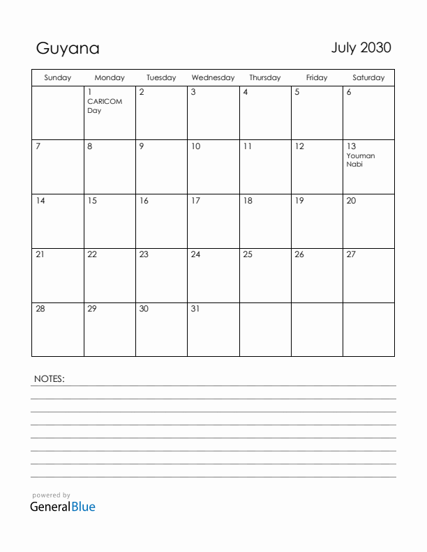 July 2030 Guyana Calendar with Holidays (Sunday Start)