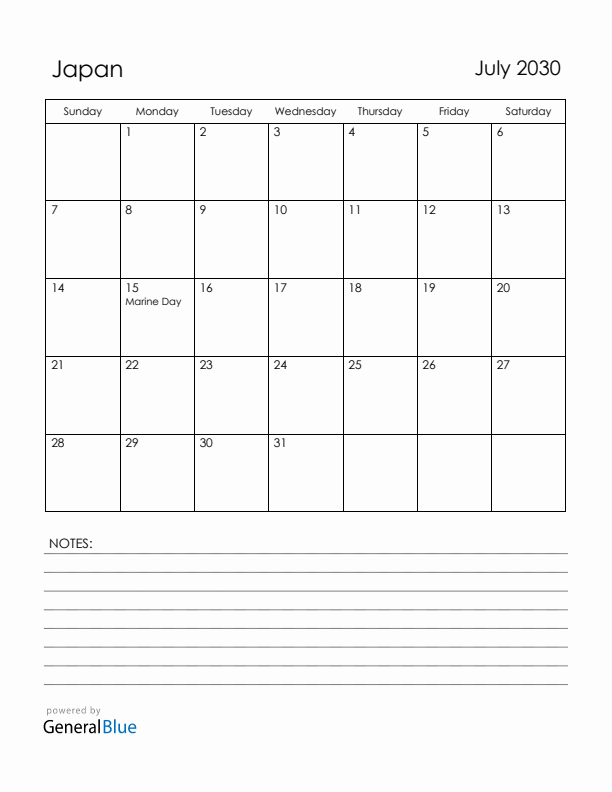 July 2030 Japan Calendar with Holidays (Sunday Start)