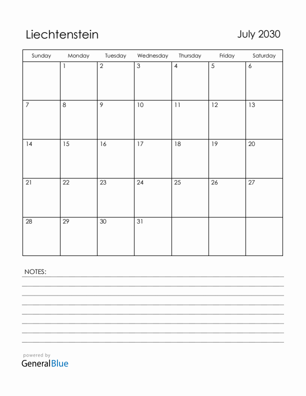 July 2030 Liechtenstein Calendar with Holidays (Sunday Start)
