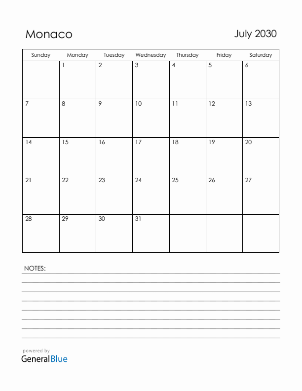 July 2030 Monaco Calendar with Holidays (Sunday Start)