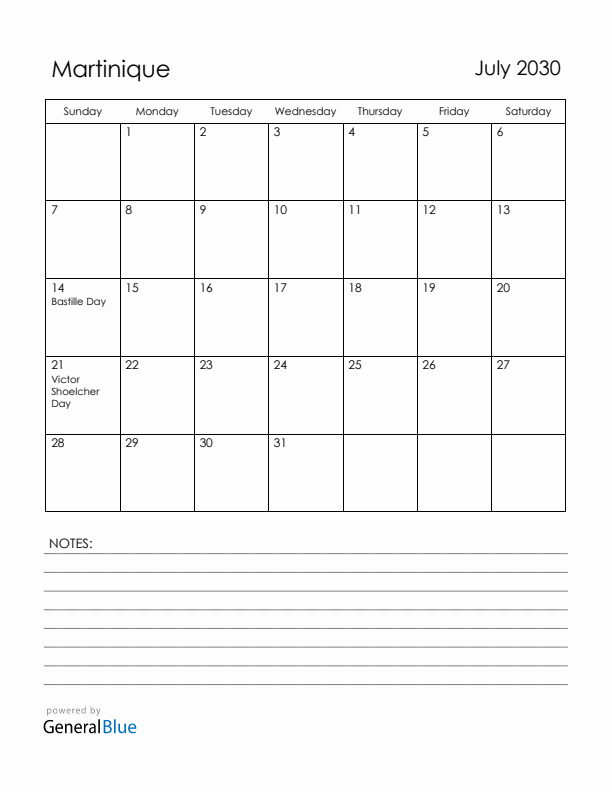 July 2030 Martinique Calendar with Holidays (Sunday Start)