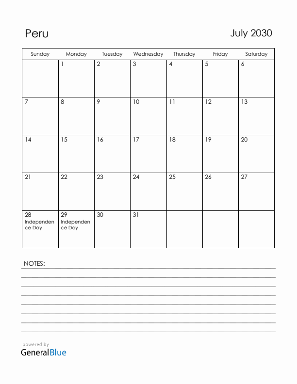 July 2030 Peru Calendar with Holidays (Sunday Start)