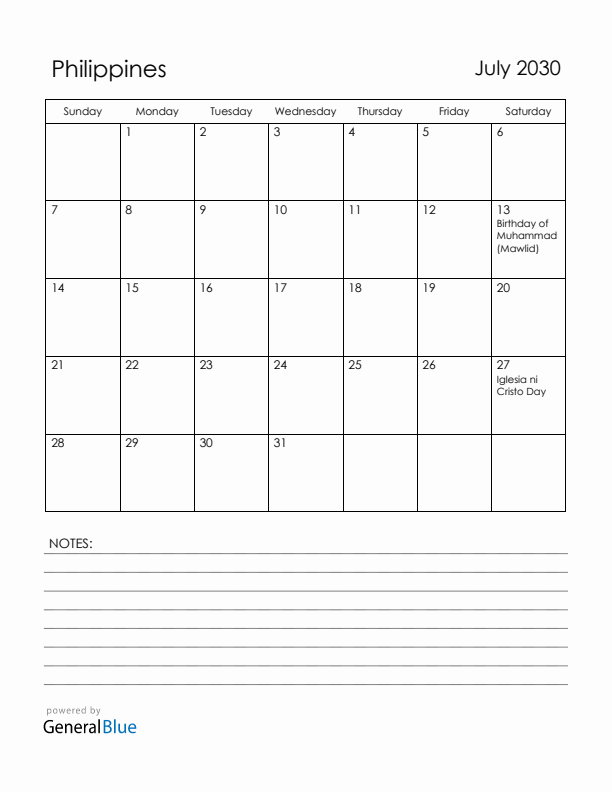 July 2030 Philippines Calendar with Holidays (Sunday Start)