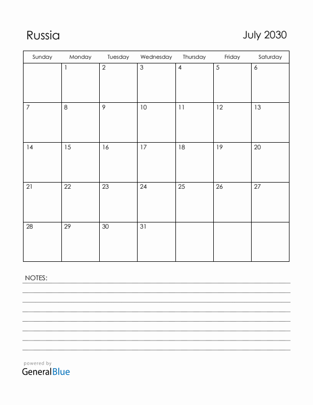 July 2030 Russia Calendar with Holidays (Sunday Start)