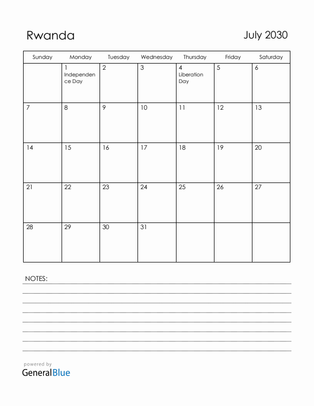 July 2030 Rwanda Calendar with Holidays (Sunday Start)