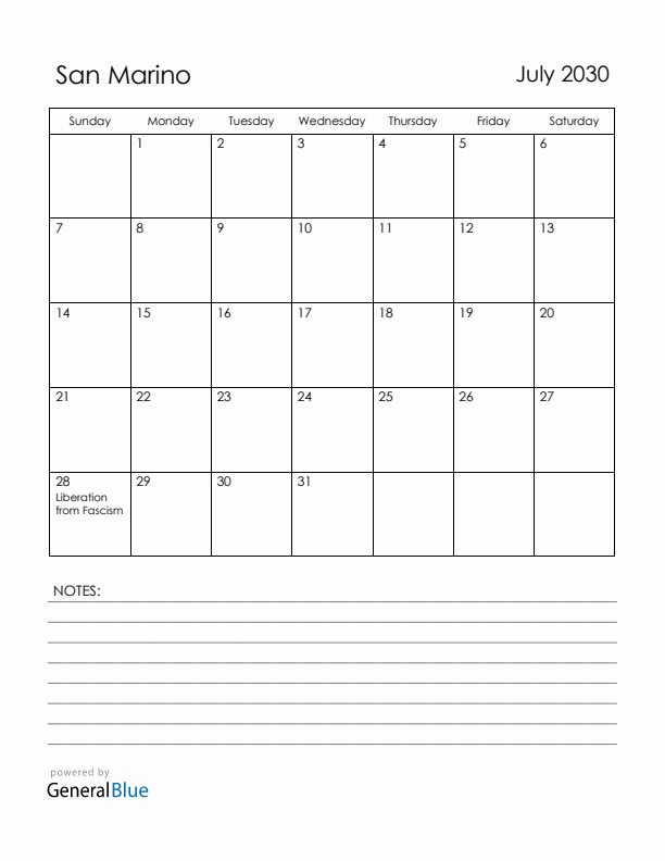July 2030 San Marino Calendar with Holidays (Sunday Start)