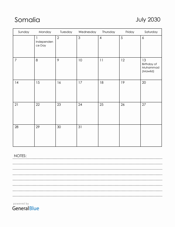 July 2030 Somalia Calendar with Holidays (Sunday Start)