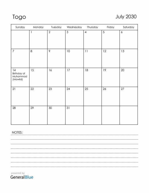 July 2030 Togo Calendar with Holidays (Sunday Start)