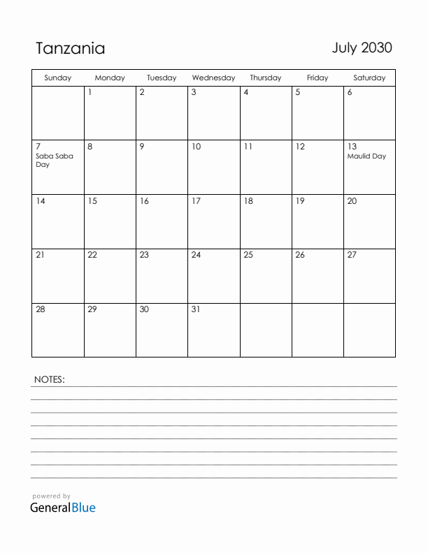 July 2030 Tanzania Calendar with Holidays (Sunday Start)