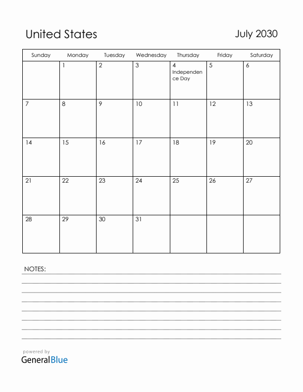 July 2030 United States Calendar with Holidays (Sunday Start)