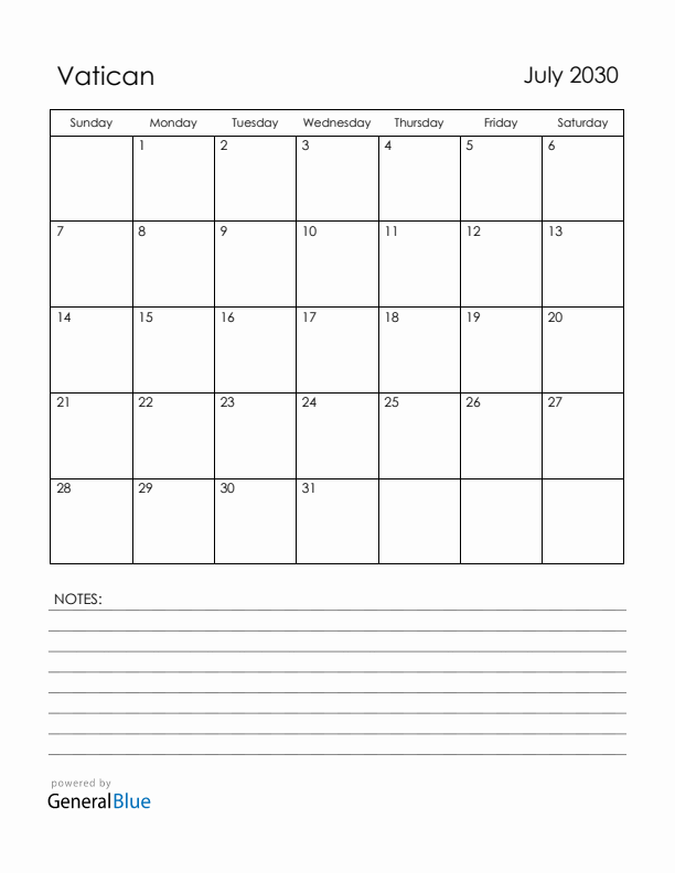 July 2030 Vatican Calendar with Holidays (Sunday Start)