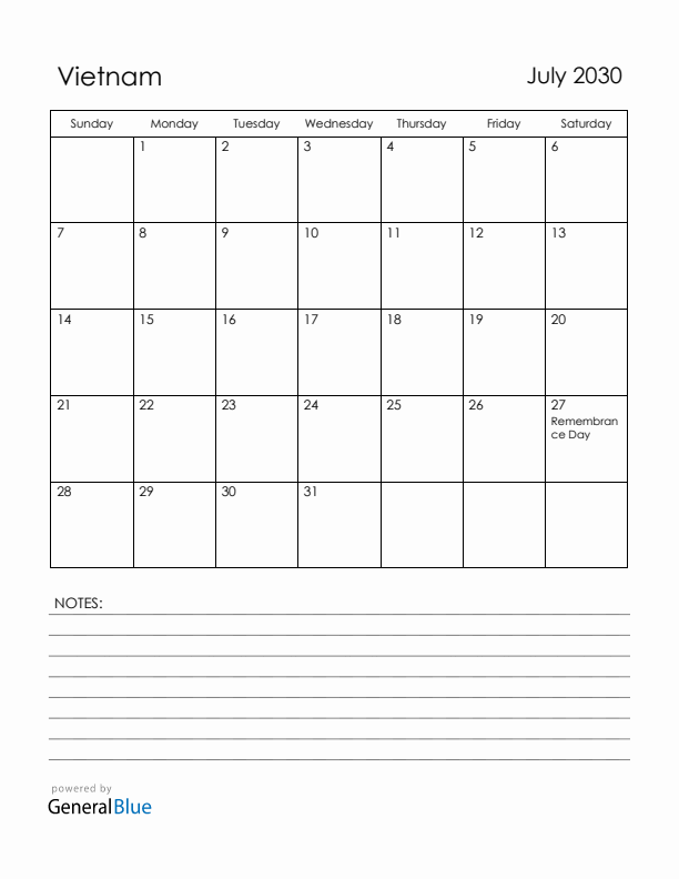 July 2030 Vietnam Calendar with Holidays (Sunday Start)