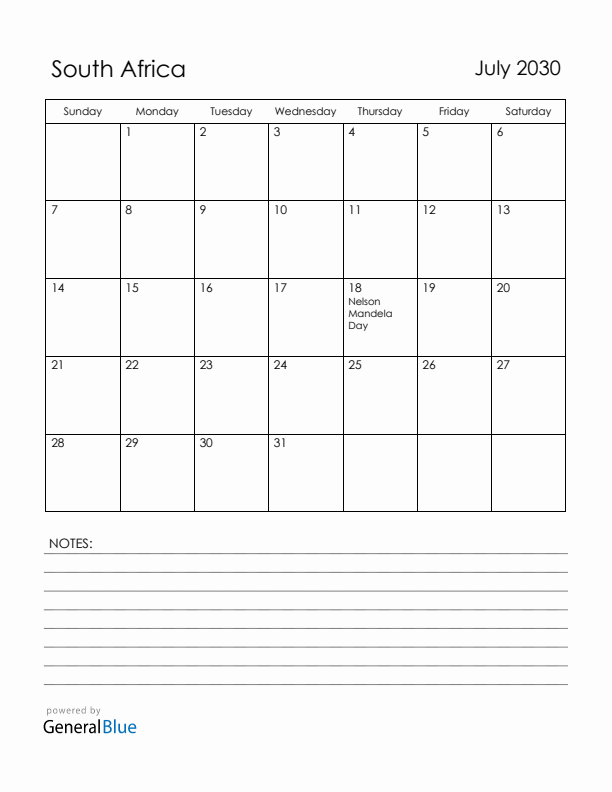 July 2030 South Africa Calendar with Holidays (Sunday Start)