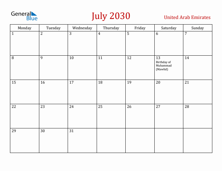 United Arab Emirates July 2030 Calendar - Monday Start