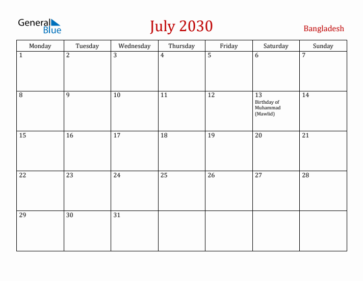 Bangladesh July 2030 Calendar - Monday Start
