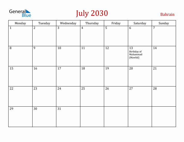 Bahrain July 2030 Calendar - Monday Start