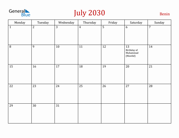 Benin July 2030 Calendar - Monday Start