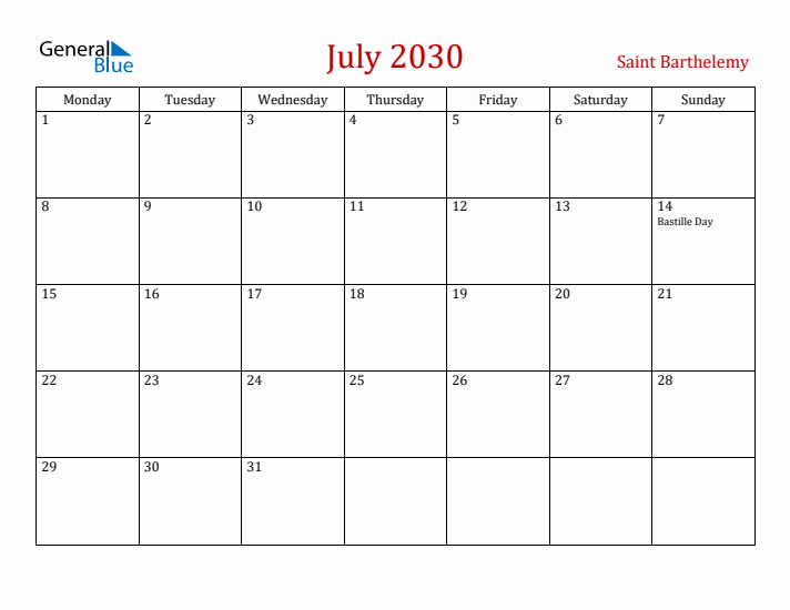 Saint Barthelemy July 2030 Calendar - Monday Start