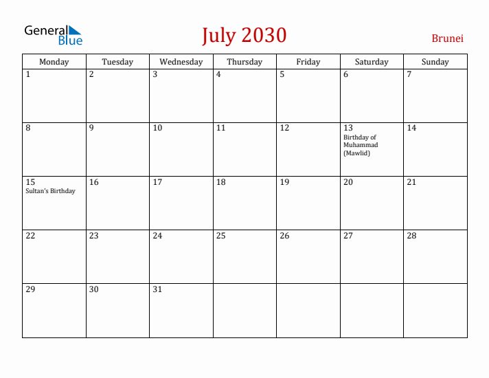 Brunei July 2030 Calendar - Monday Start
