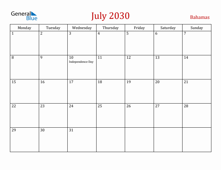 Bahamas July 2030 Calendar - Monday Start