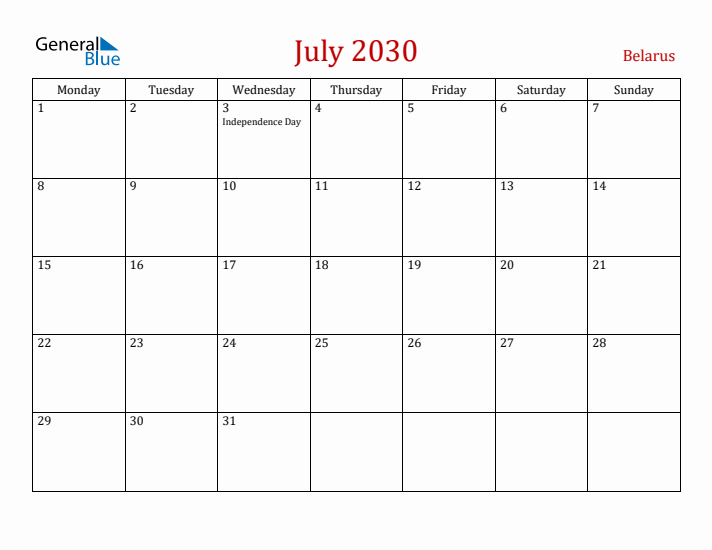 Belarus July 2030 Calendar - Monday Start