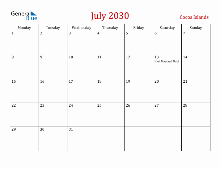 Cocos Islands July 2030 Calendar - Monday Start