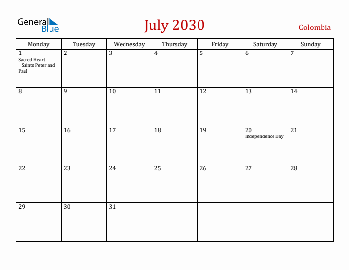 Colombia July 2030 Calendar - Monday Start