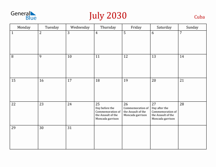 Cuba July 2030 Calendar - Monday Start