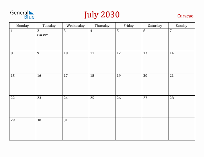 Curacao July 2030 Calendar - Monday Start