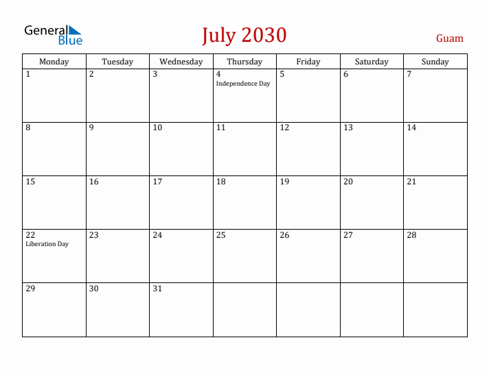 Guam July 2030 Calendar - Monday Start