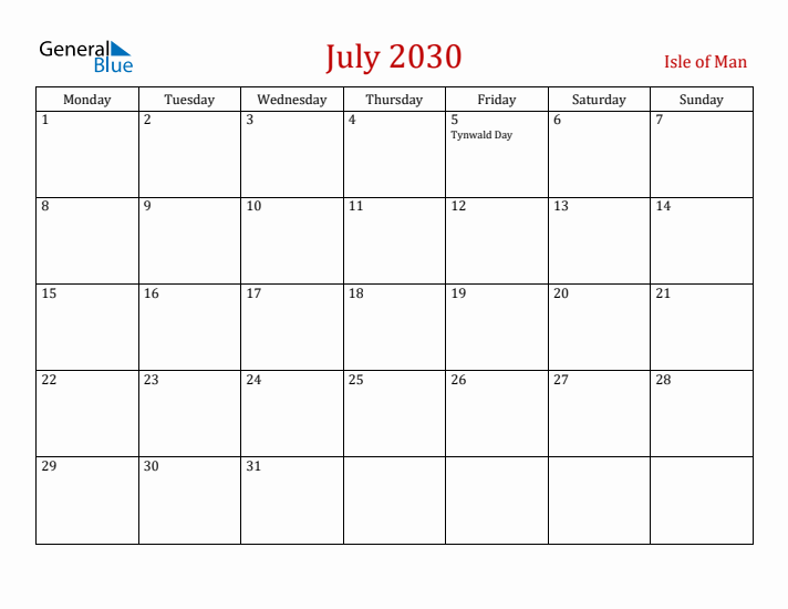 Isle of Man July 2030 Calendar - Monday Start